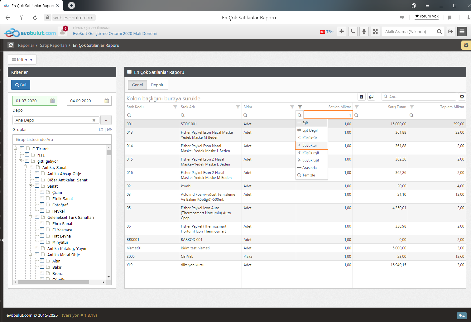 En Çok Satılanlar Raporu filtreleme